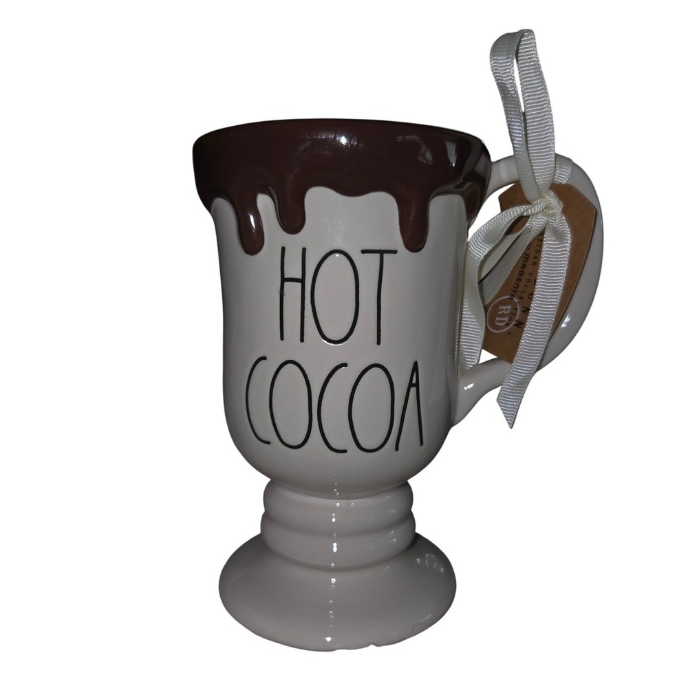 Rae Dunn Hot Cocoa Mugs Set of 4 White Brown NEW Chocolate Drip Footed Pedestal